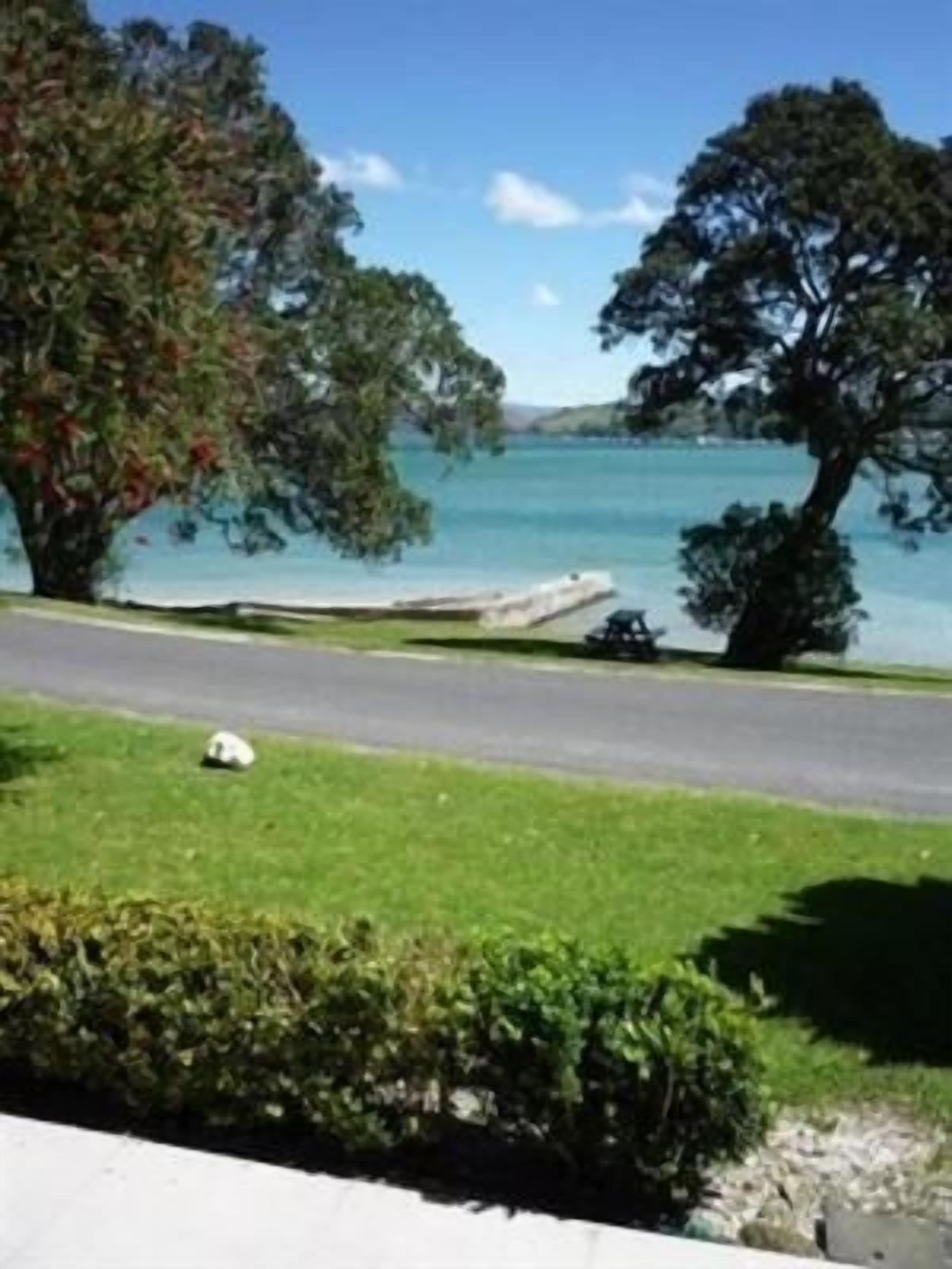A coastal road with a grassy area and trees.