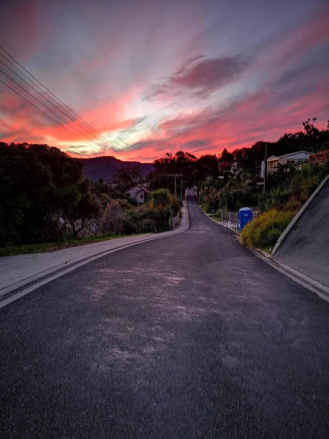 A road with houses on both sides, a blue trash bin, and power lines.