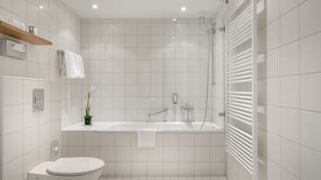 Hair dryer, towels, soap, shampoo
