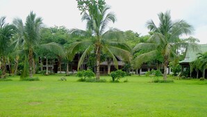 A lush green lawn with palm trees and a building with multiple rooms in the background. - Saksuay Klangdoi Resort (Mae Hong Son)