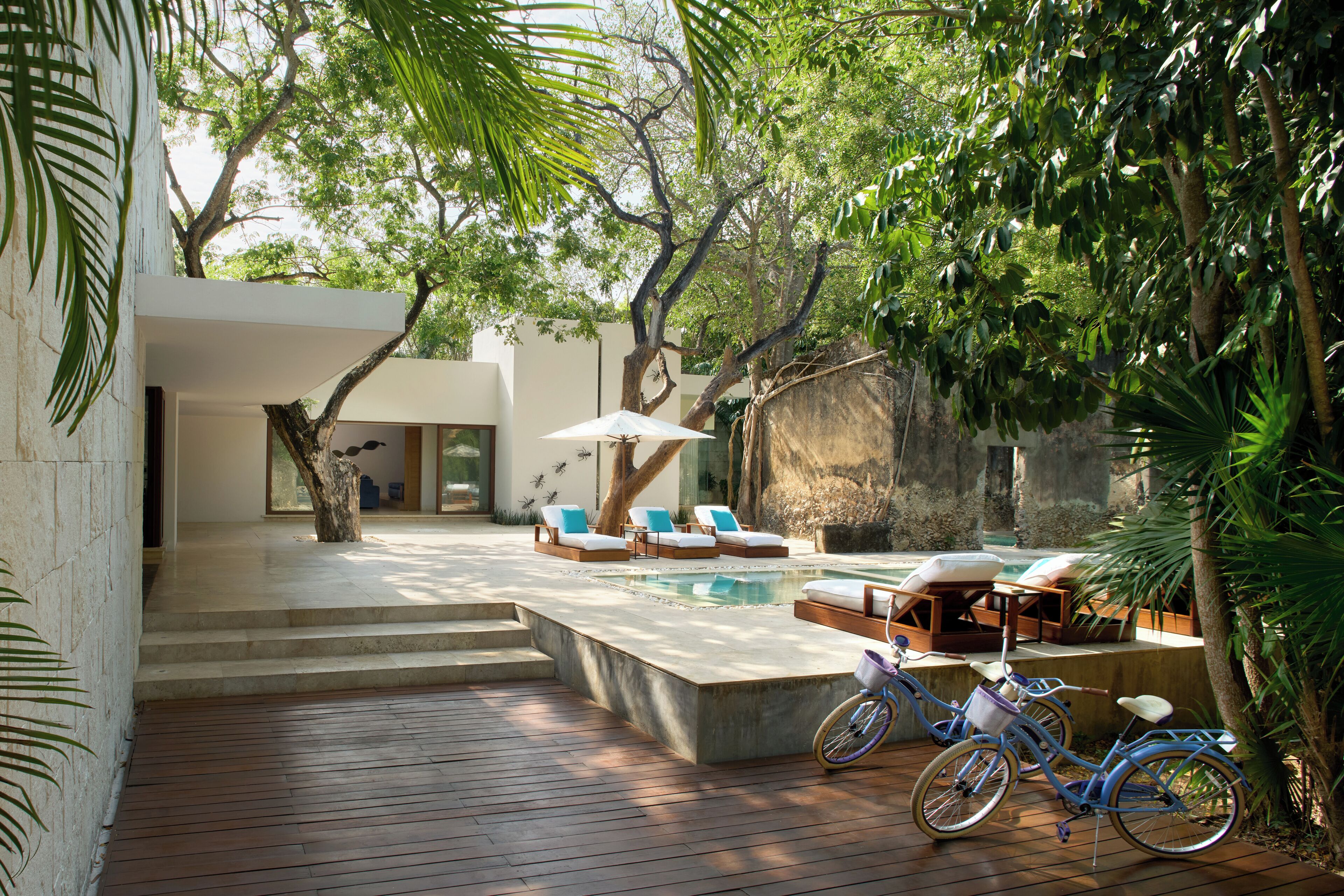 A modern outdoor pool area with lounge chairs and a bicycle.