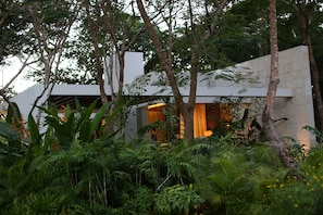 A modern building surrounded by dense tropical vegetation.