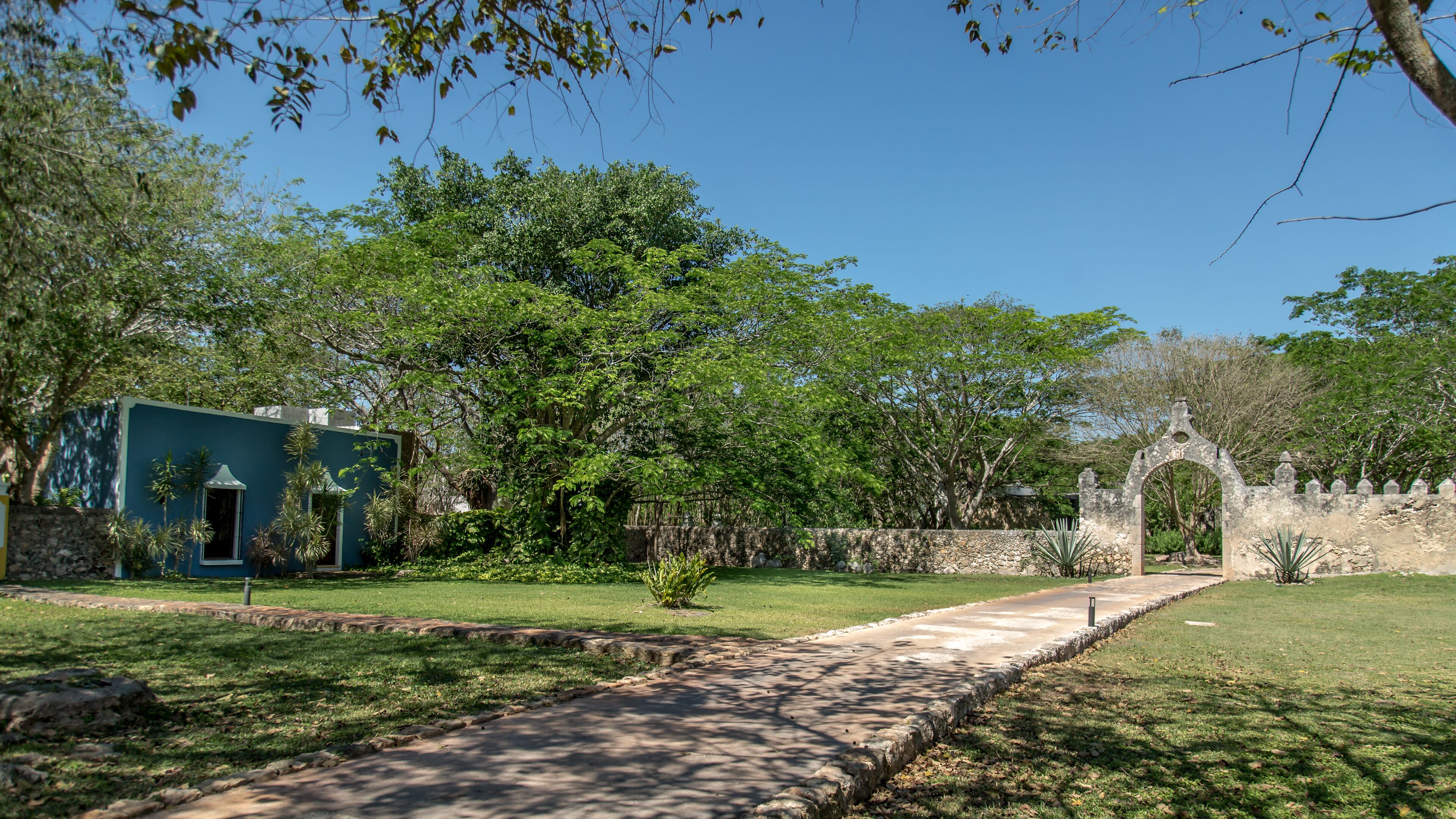 A pathway leading to a building with a blue facade, surrounded by lush greenery and a stone wall.