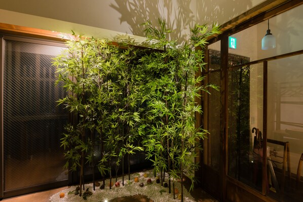 A room with a large bamboo plant, a glass door, and a hanging light fixture.