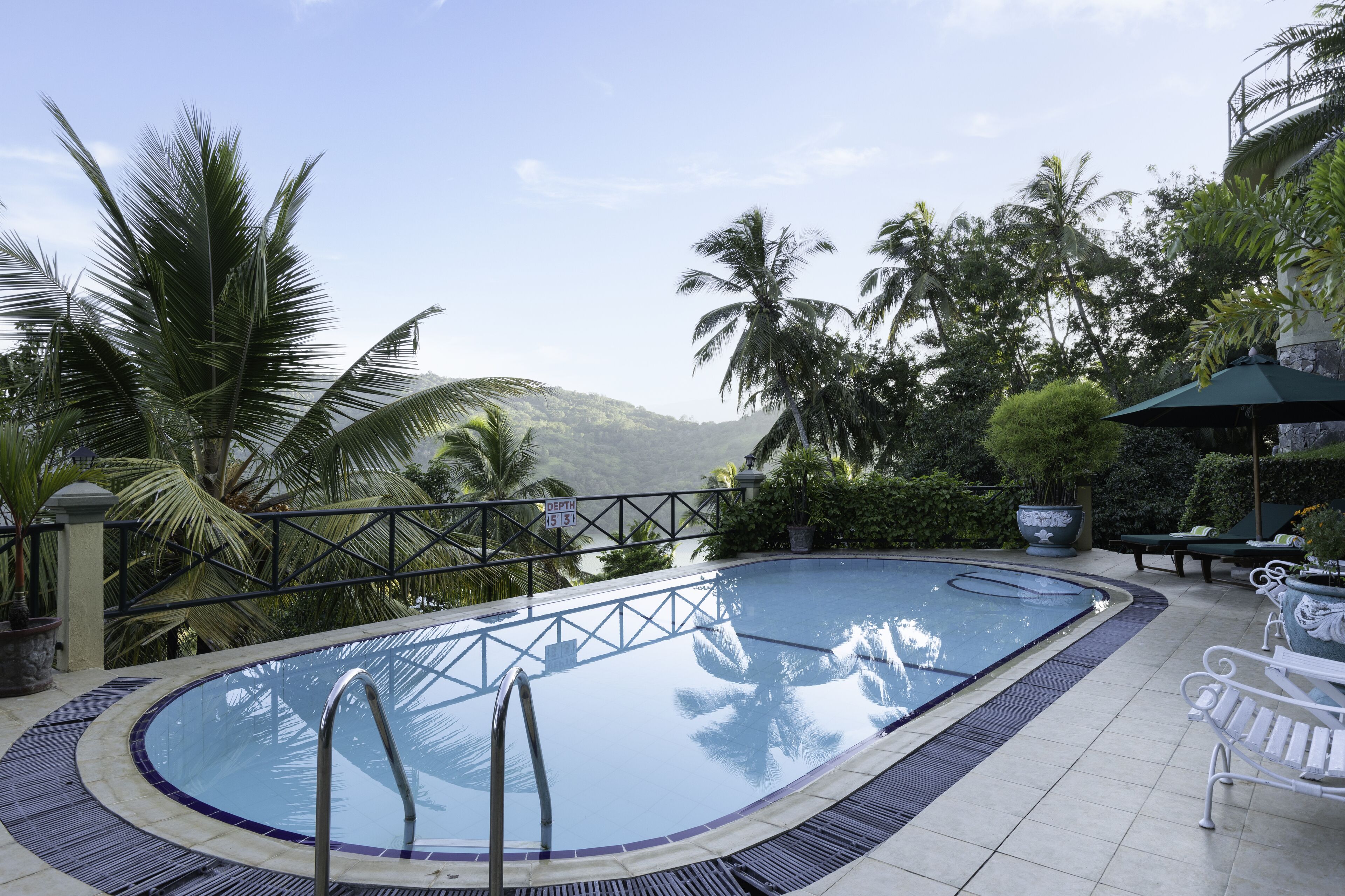 A swimming pool with a view of mountains, surrounded by palm trees and a gazebo.