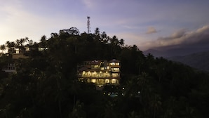 A multi-story building with balconies, surrounded by dense palm trees, under a twilight sky. - The Albatross, Kandy (Maberiyatenna)