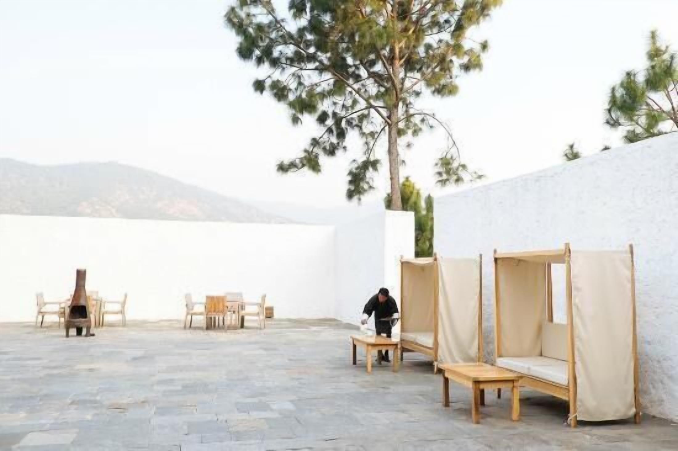 A courtyard with a stone floor, wooden furniture, and a tree.