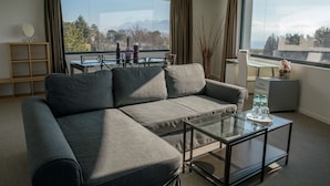 Una sala de estar moderna con un sofá seccional gris, una mesa de centro de vidrio y vistas a montañas a través de amplios ventanales.