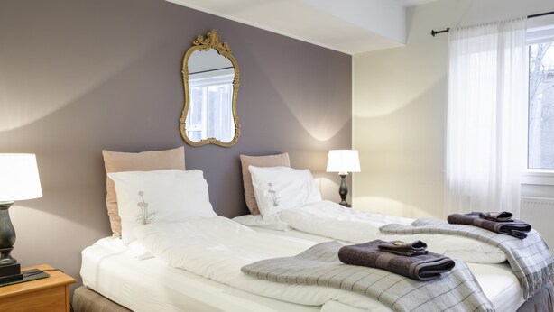 King/Twin Room with Shared Bathroom | Biancheria da letto di alta qualità, copriletto in piuma