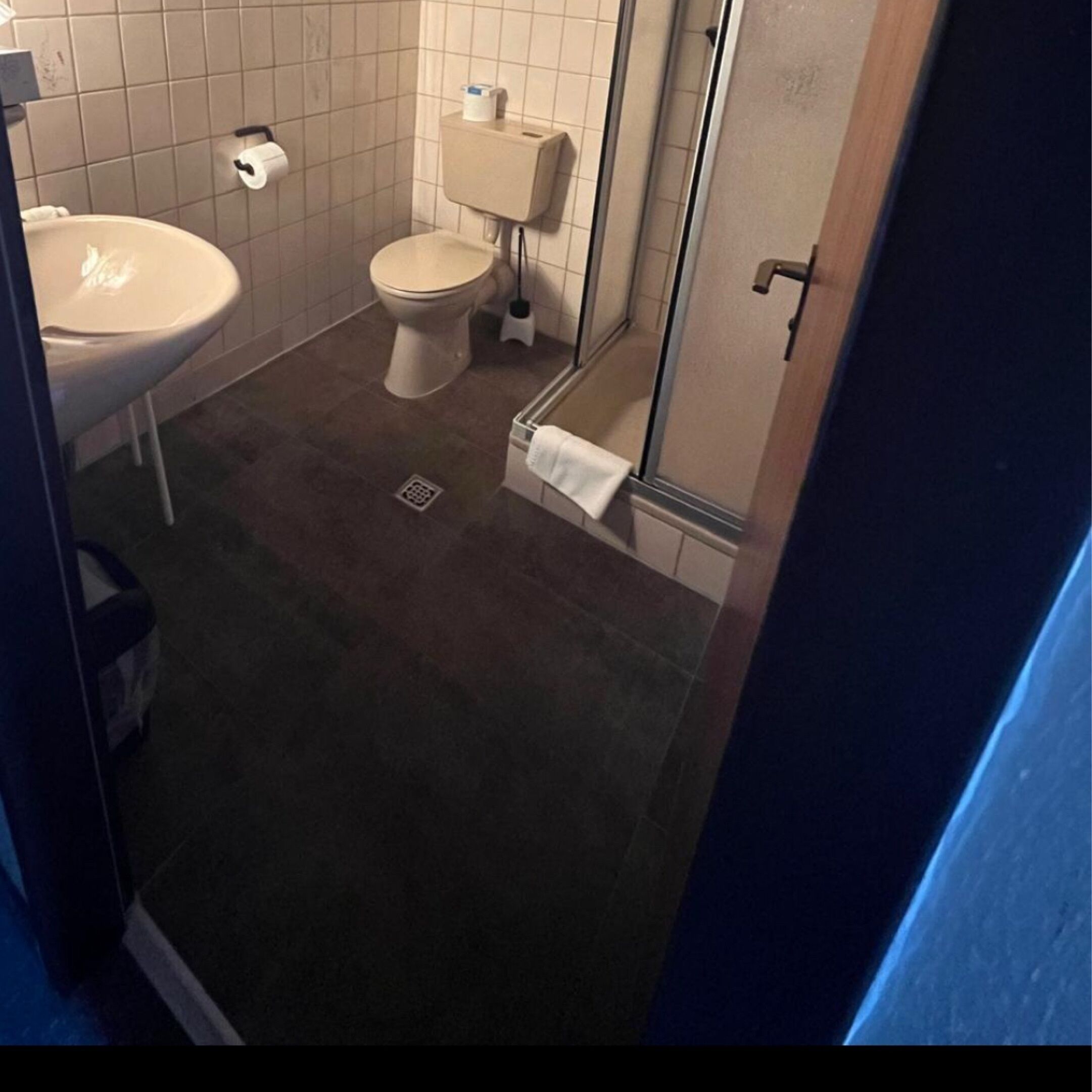 A bathroom with a sink, toilet, and shower area.