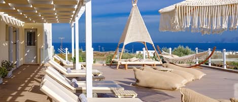 Outdoor pool, pool umbrellas, pool loungers