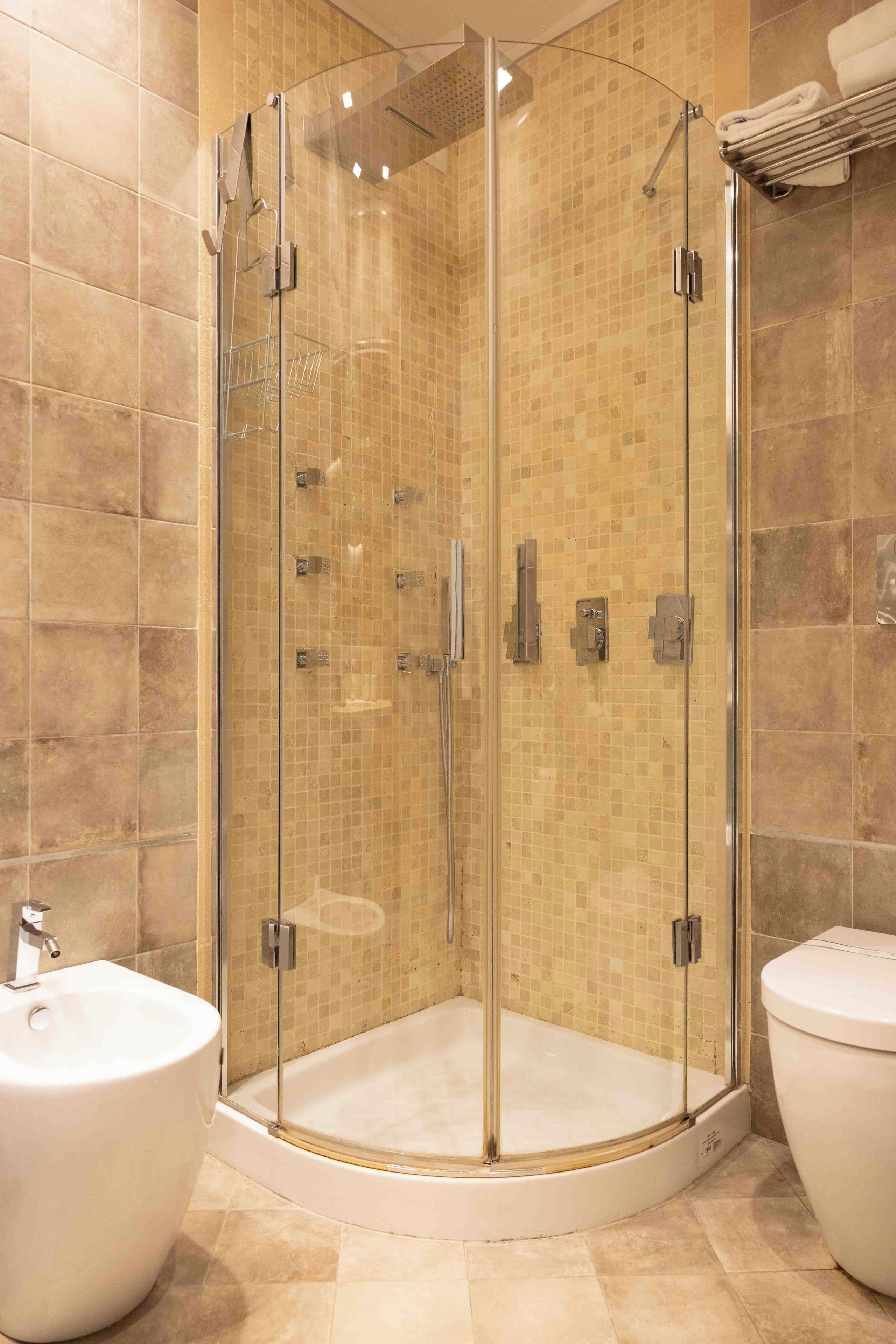 A glass-enclosed shower stall with a tiled wall and a white toilet to the right.