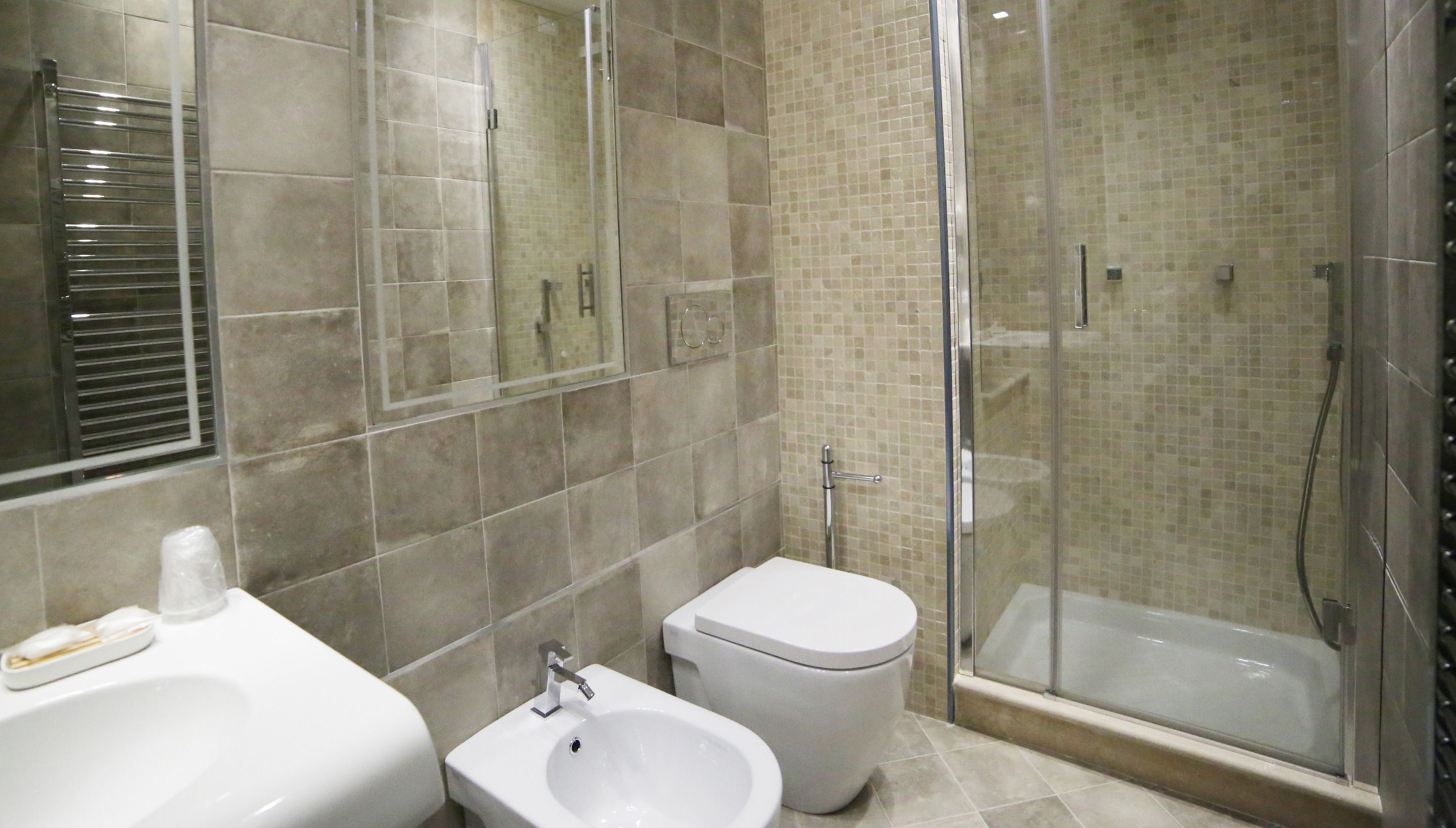 standard double or twin room | bathroom | shower, hydromassage showerhead, eco-friendly toiletries, hair dryer