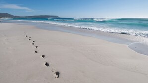 A sandy beach with footprints leading to the water, a clear sky, and distant hills. - 214 Harbour Bridge (Cape Town)