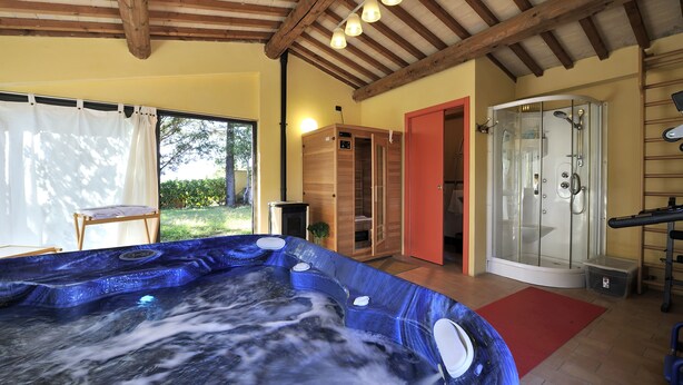 Un cuarto de spa con un jacuzzi, un box de ducha de vidrio y una sauna de madera.