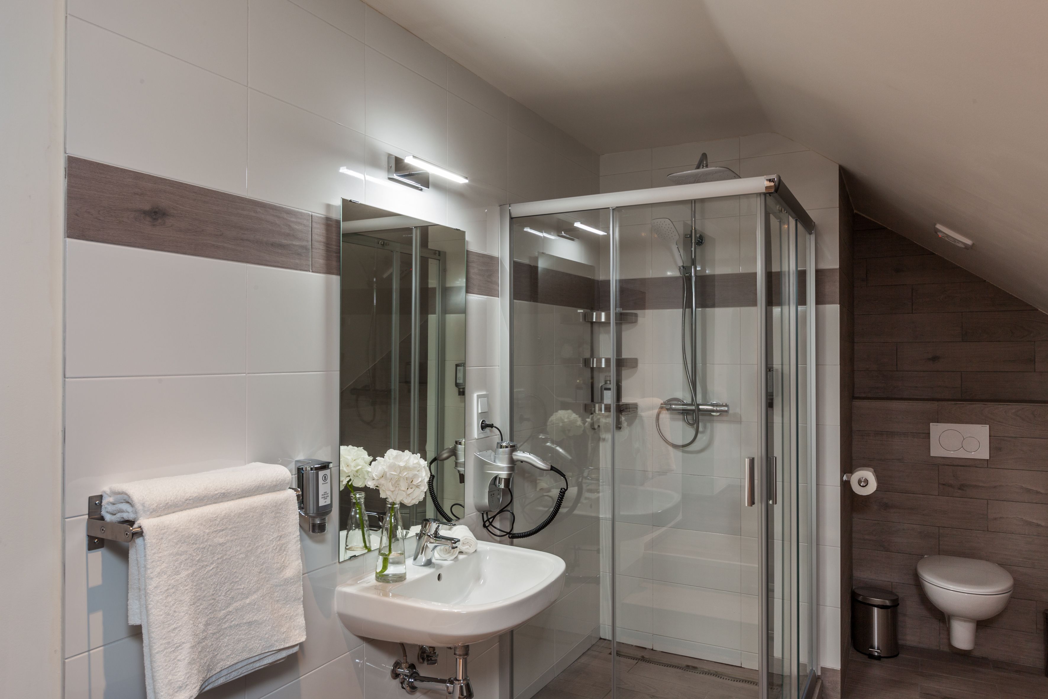 executive double room (with shared terrace) | bathroom | shower, free toiletries, slippers, towels