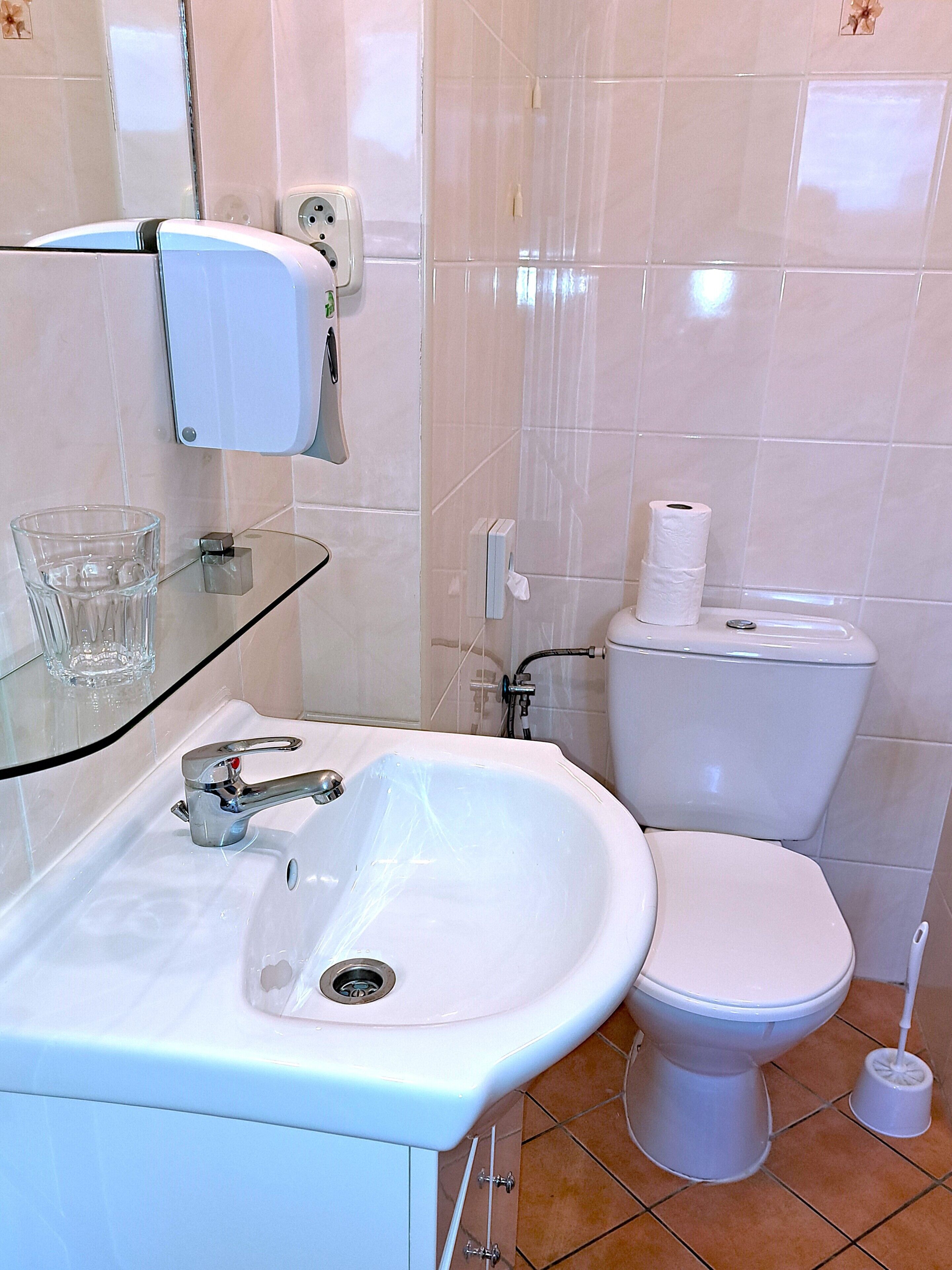 Een badkamer met een wastafel, toilet en glazen plank.