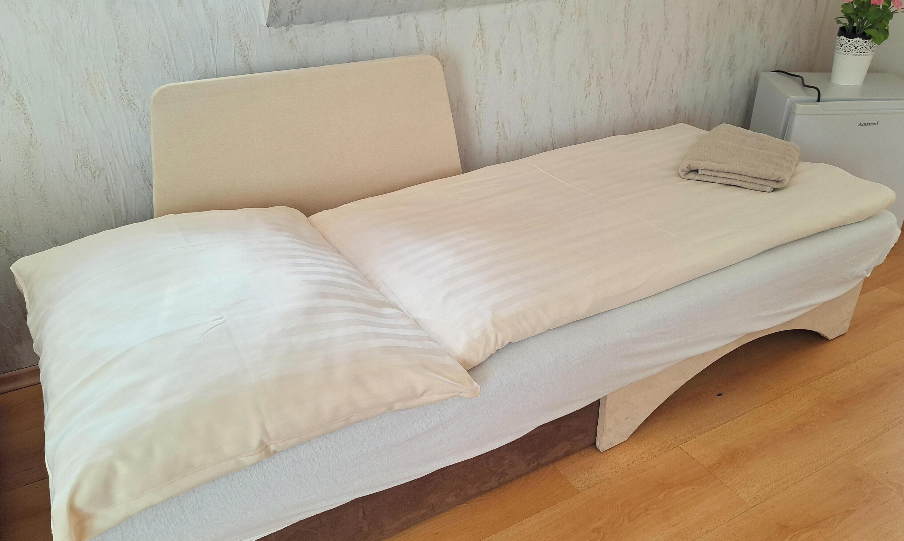 Una cama individual con cabecera, mesita de noche y planta en maceta.