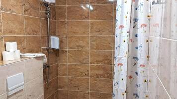 A bathroom with a shower, toilet, and a towel dispenser.
