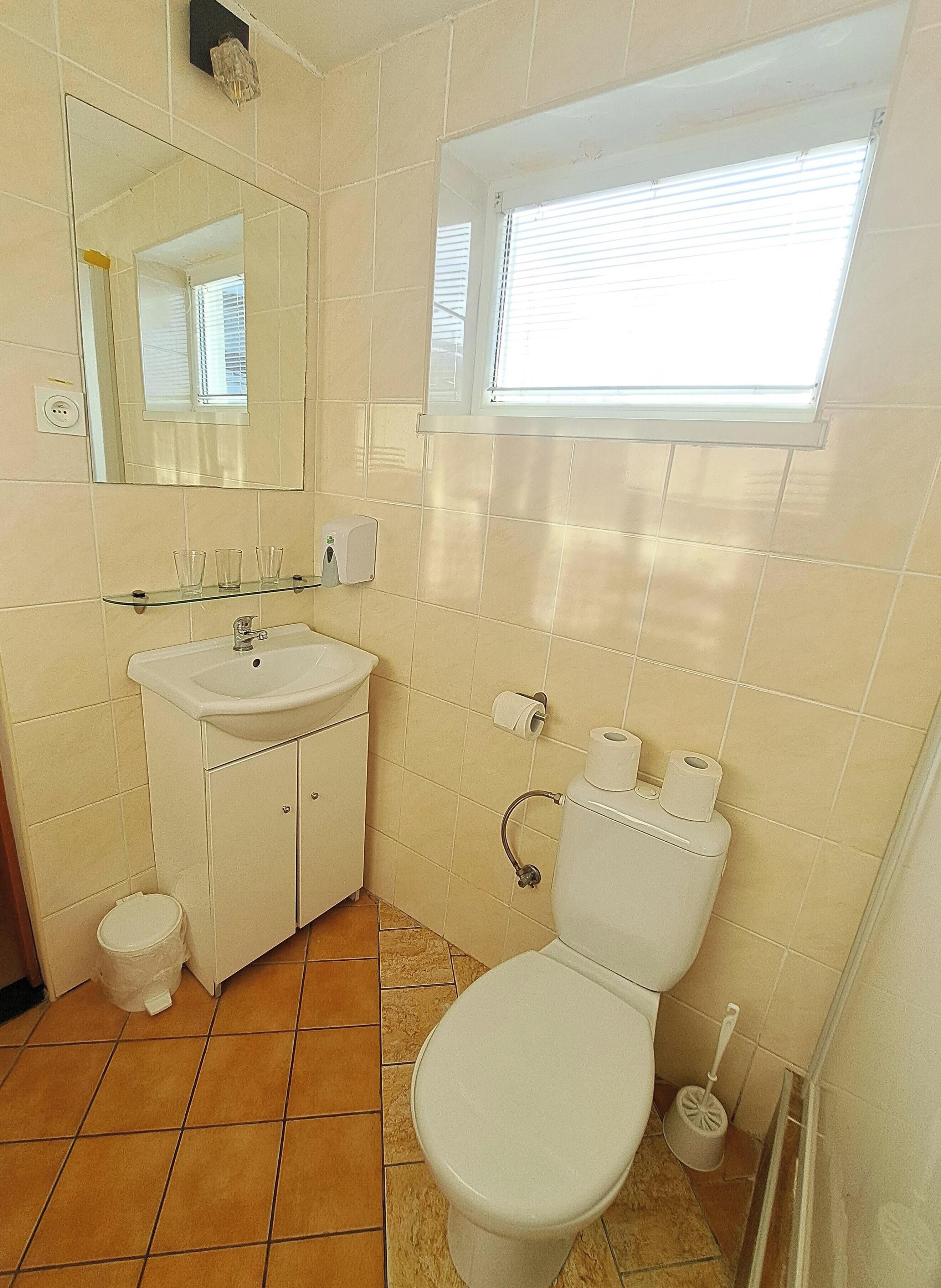 Une salle de bain avec des toilettes, un lavabo, un miroir et une fenêtre.