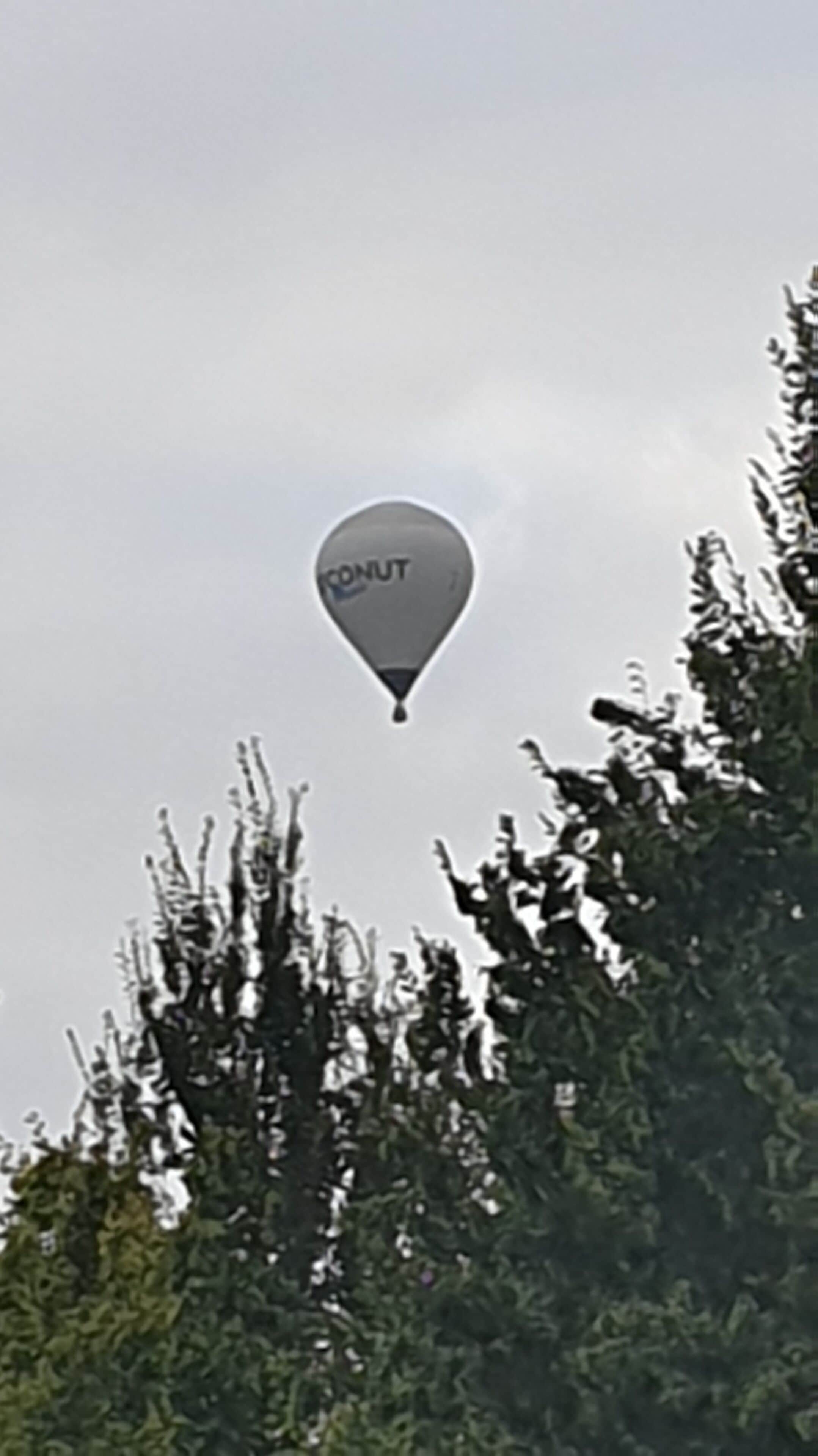 Une montgolfière sur laquelle on peut lire le mot « KONUT » au centre, survolant une zone boisée.