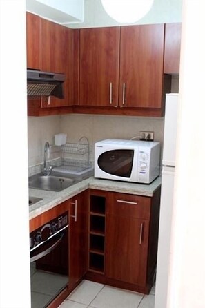 Una cocina compacta con armarios de madera, microondas, pileta y lavavajillas.