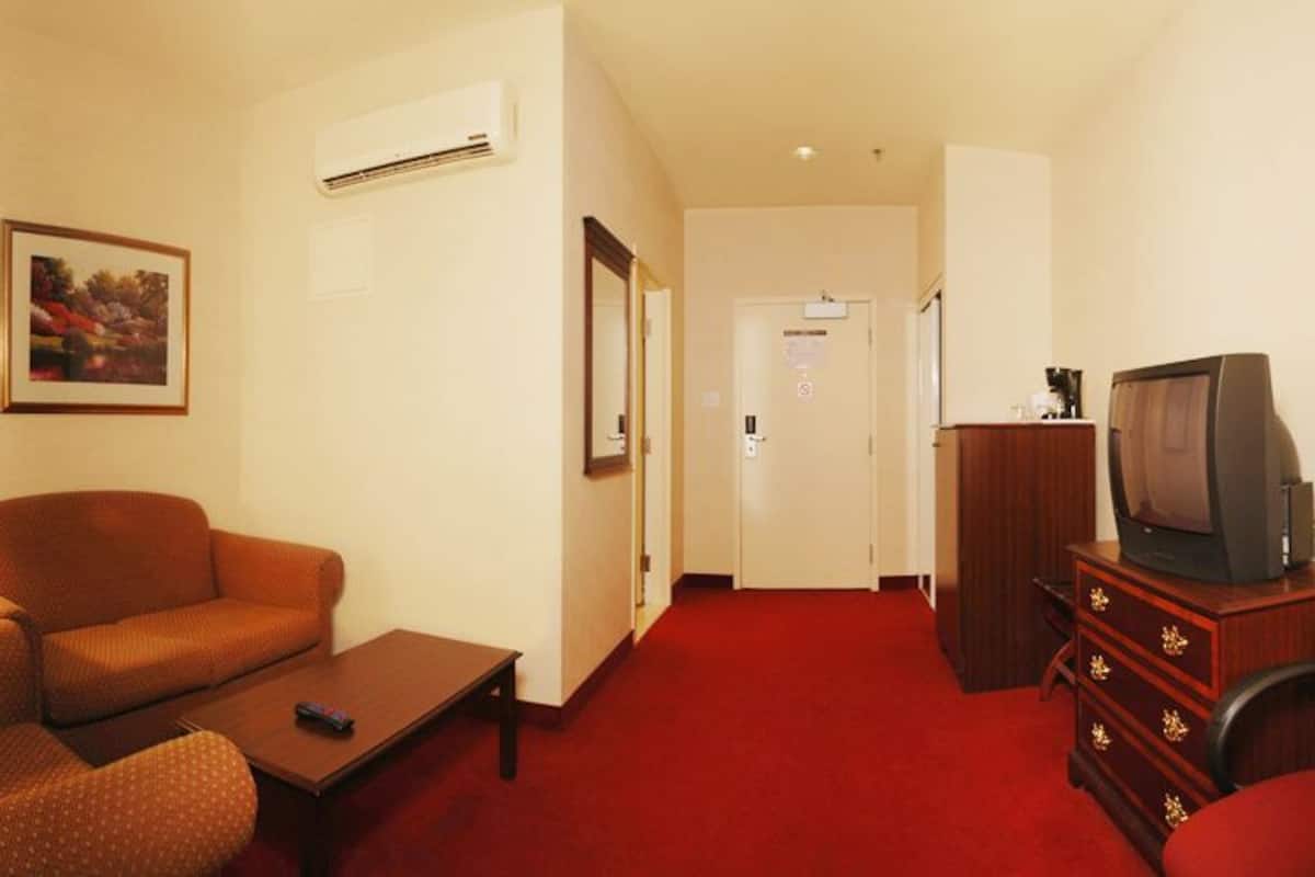 Habitación de hotel con alfombra roja, un sofá, un escritorio con lámpara, televisión, cama con colcha estampada y ventana con cortinas.