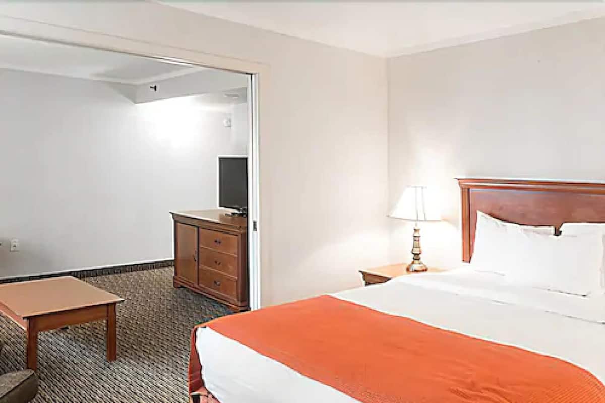 Una habitación de hotel con cama, escritorio, cómoda, televisor y lámpara.