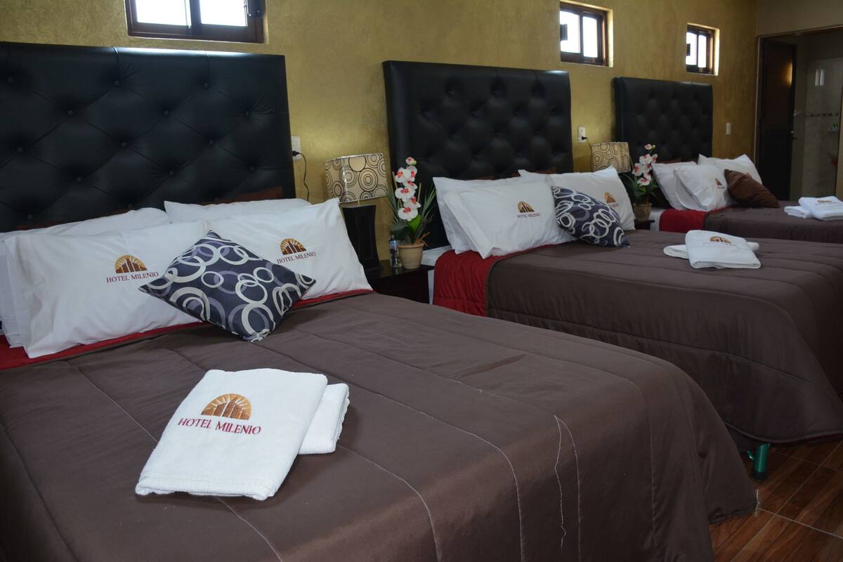 A hotel room with three beds, each with a brown bedspread and white pillows, some with the hotel's logo. There are decorative pillows, a red throw blanket, and a potted plant on the nightstand.