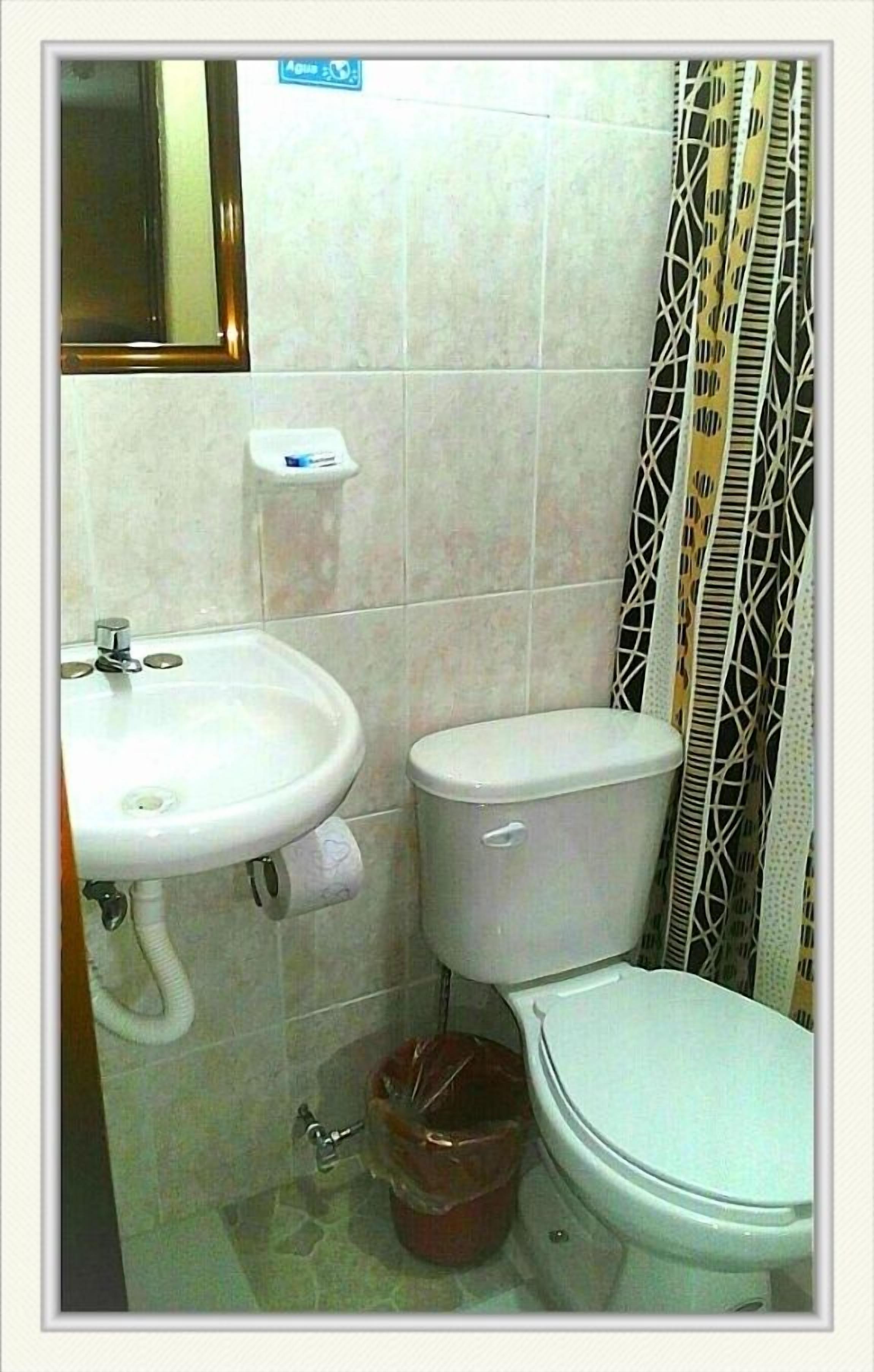 Um banheiro pequeno com pia, vaso sanitário e lixeira.