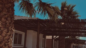 A courtyard with palm trees, a thatched roof structure, and a building with a stone base.
