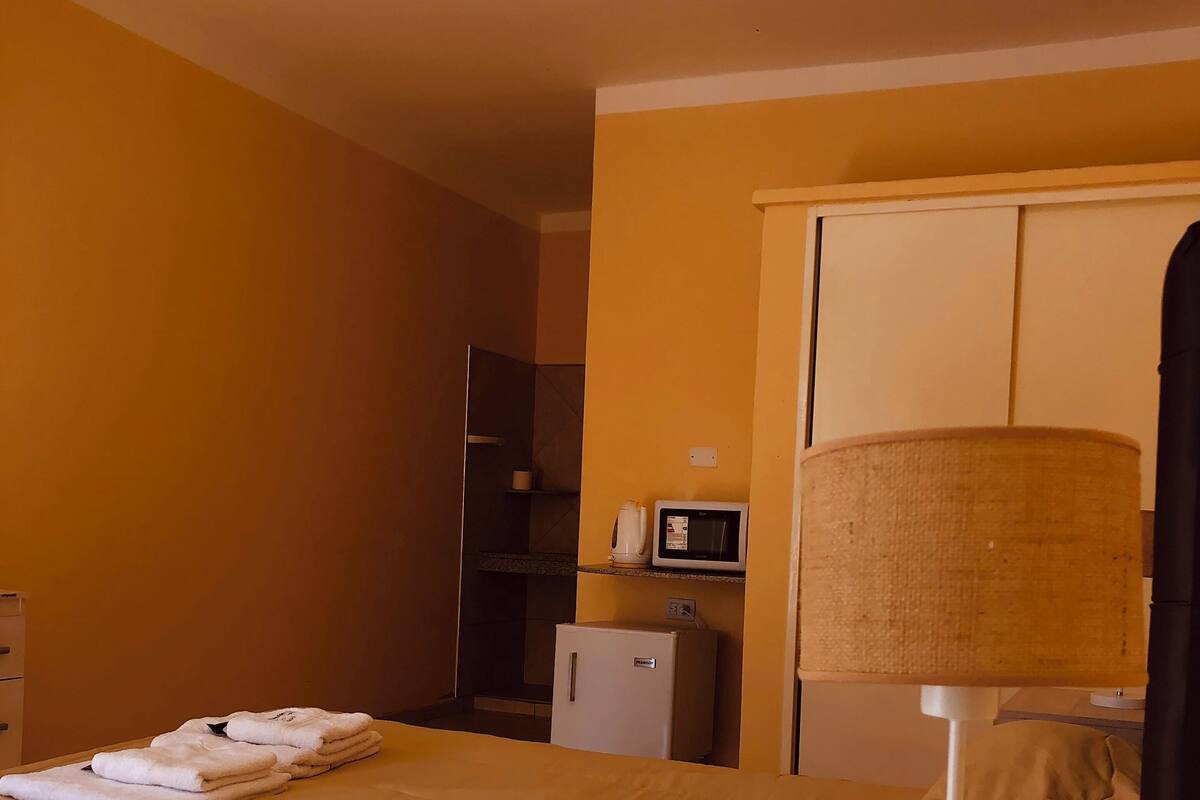 A hotel room with a bed, a bedside table with a lamp, a microwave, and a small refrigerator.