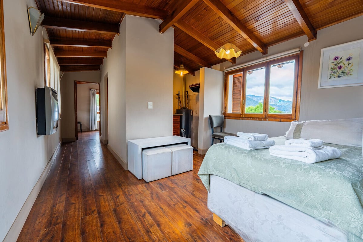 A bedroom with a bed, a chair, a desk, a heater, and a window with a view.