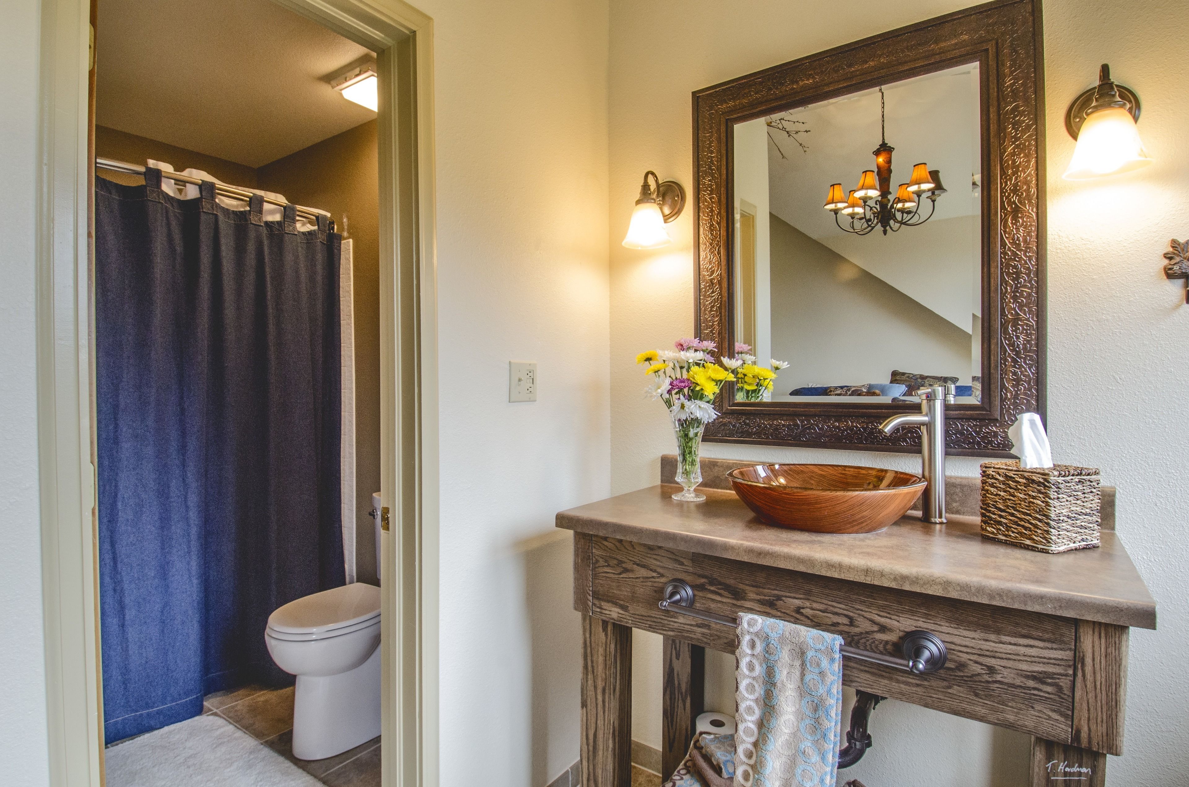 A bathroom with a wooden vanity, a large mirror, a chandelier, and a shower curtain.