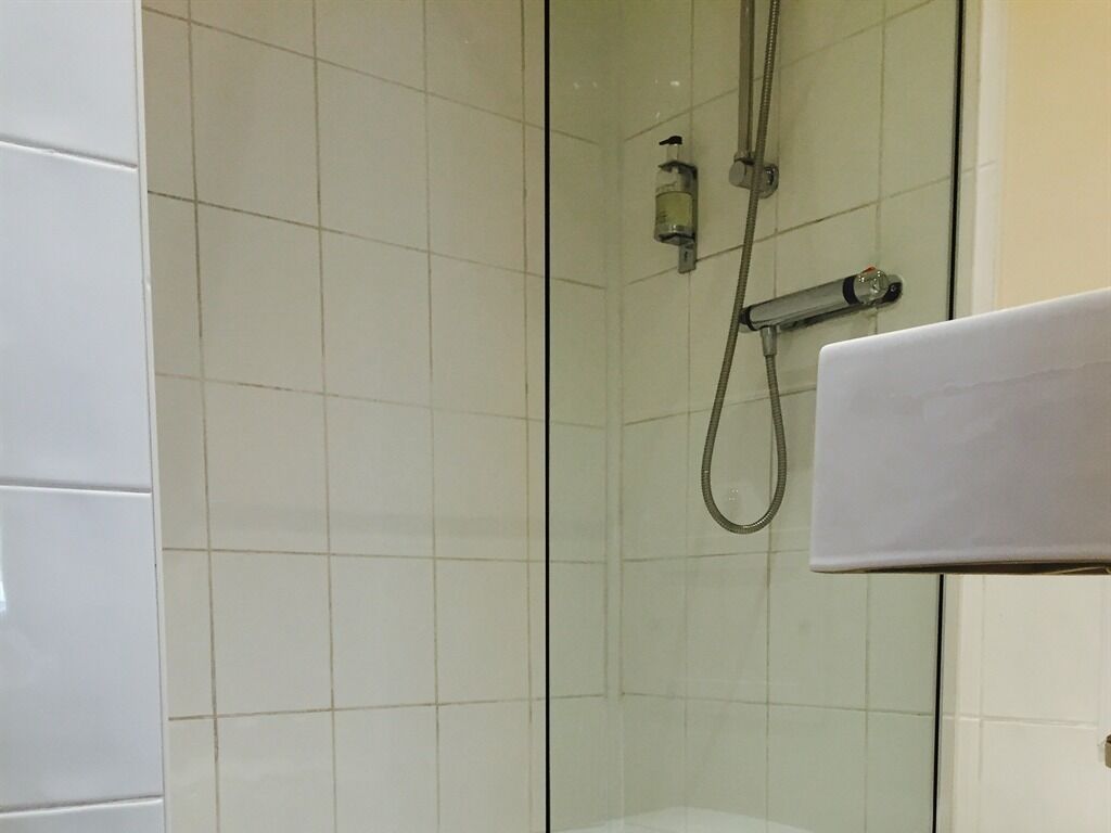Une douche avec une porte en verre, un pommeau de douche à main et un distributeur de savon.