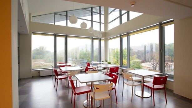Un comedor amplio con ventanas grandes, varias mesas y sillas rojas.