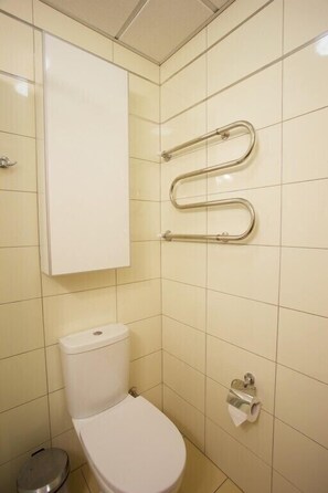 A small, clean bathroom with a white toilet, a white cabinet, and two metal grab bars on the wall. - University Centre (Lviv)