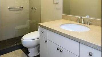 Shower, free toiletries, hair dryer, towels