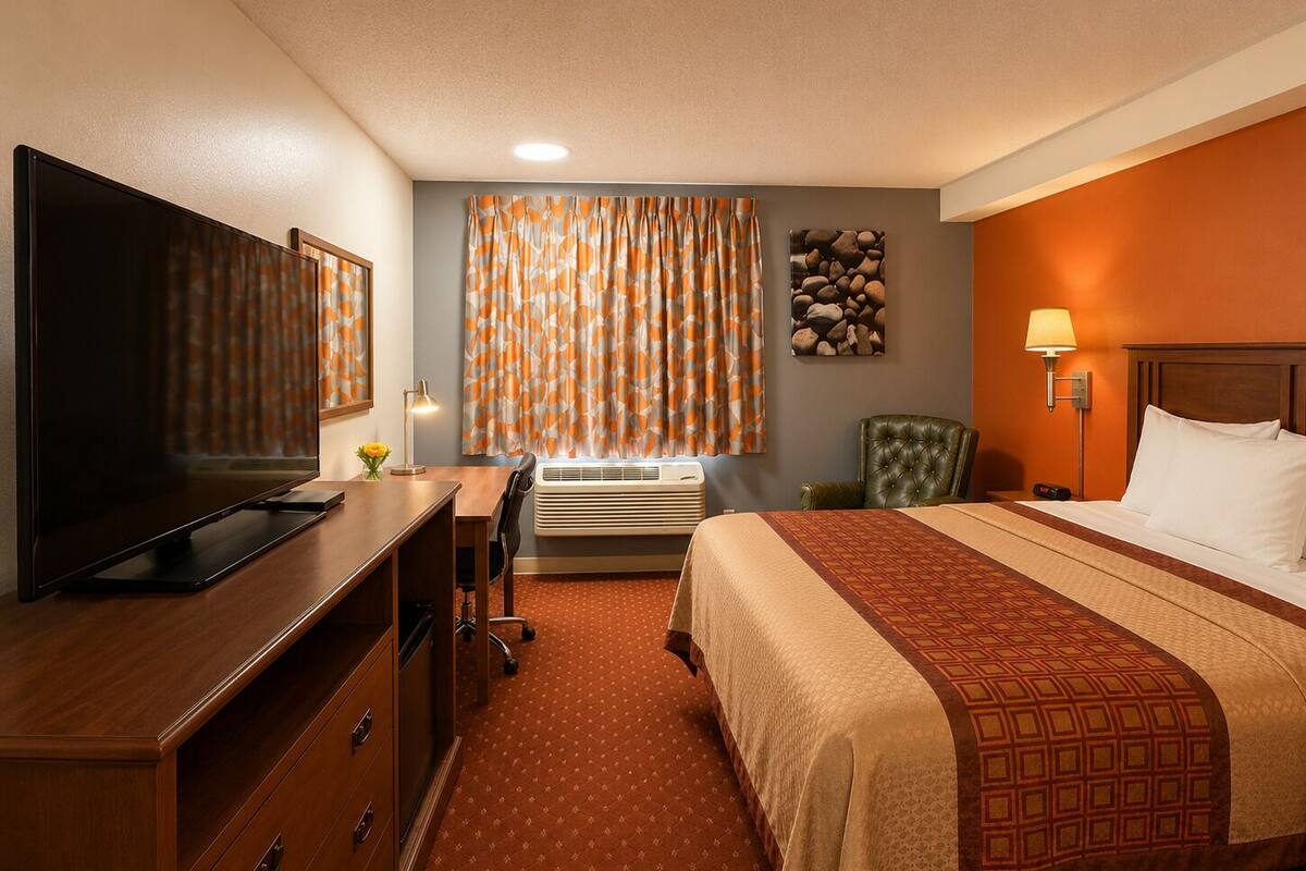 A hotel room with a bed, a desk with a TV, a chair, an air conditioning unit, and a wall-mounted lamp.