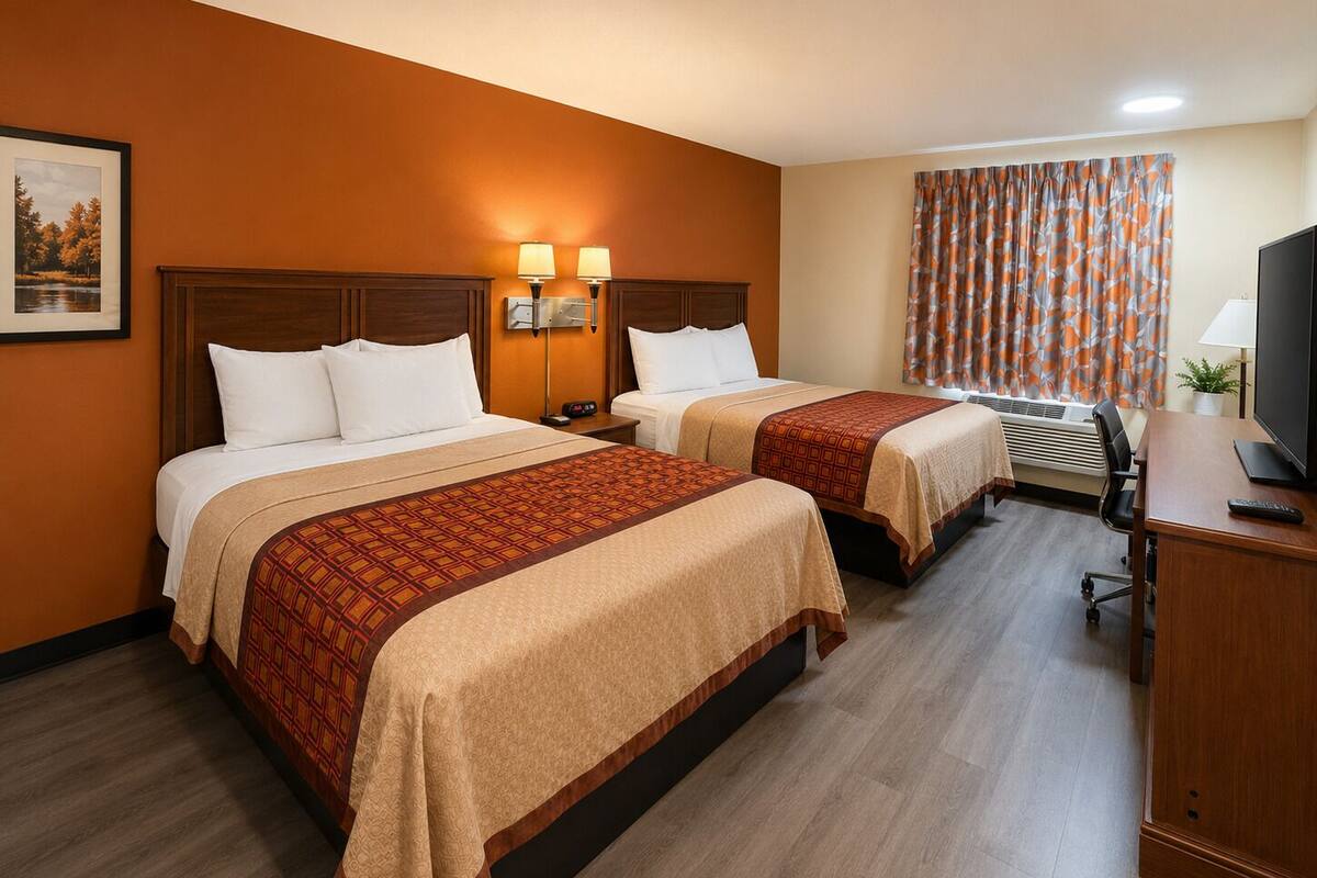 A hotel room with two beds, a desk with a TV, and a window with curtains.