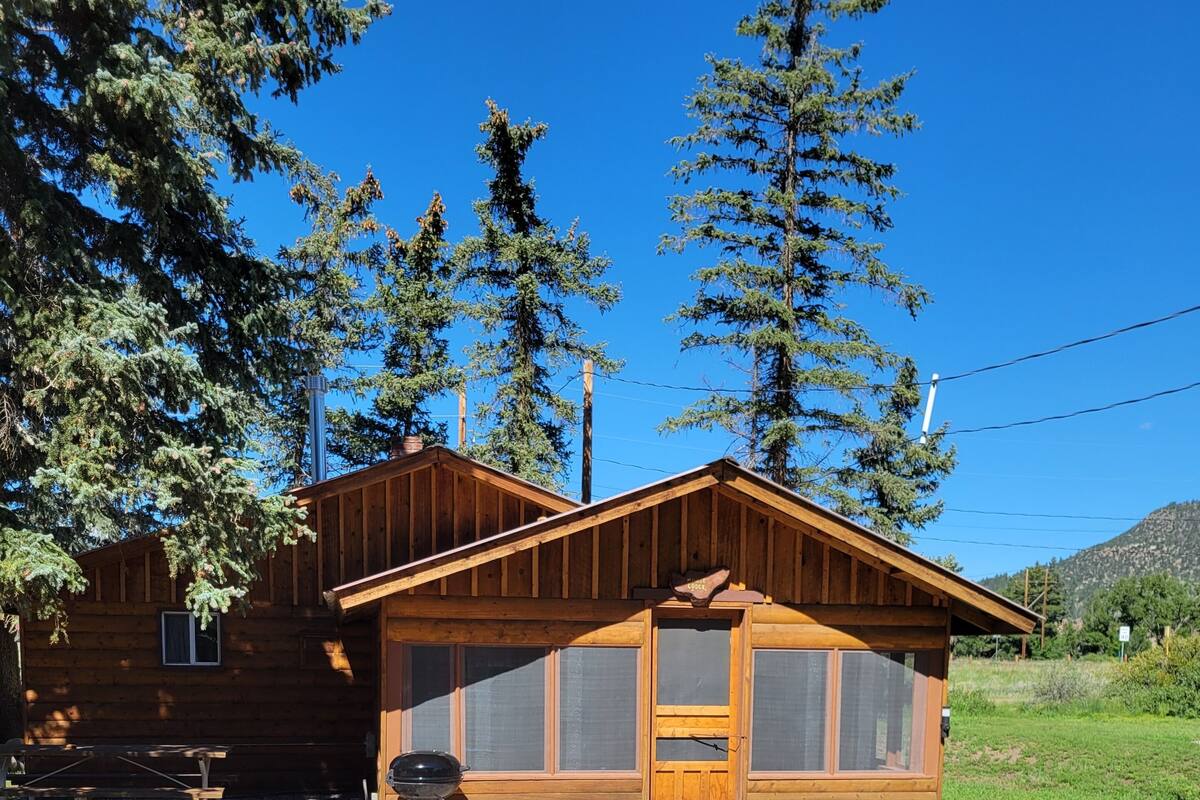 Une cabane en bois avec une allée en gravier, un barbecue et une fenêtre donnant sur une zone herbeuse.