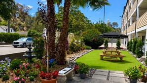 A courtyard with a picnic table, palm trees, and a fountain. - The Alcala Hotel Mission Valley/Seaworld (San Diego)