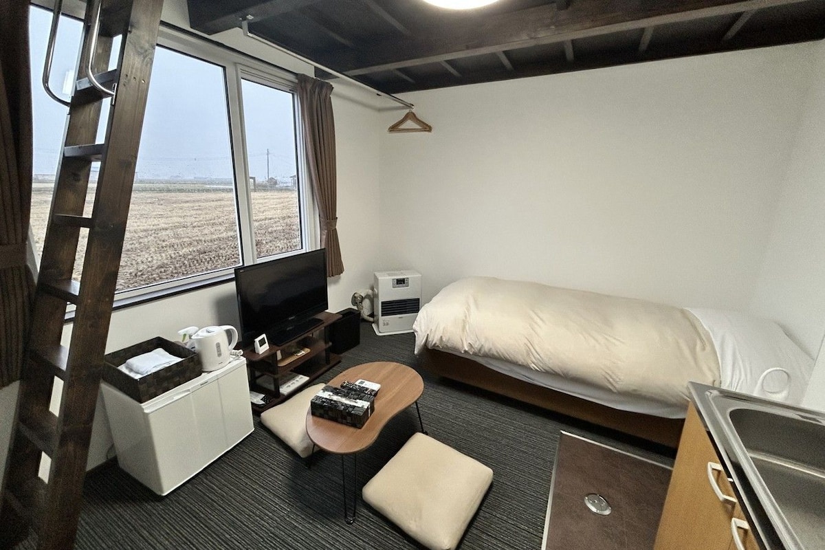 A room with a bed, a television, a desk with a computer, a chair, a small table, and a window with a view of the outdoors.
