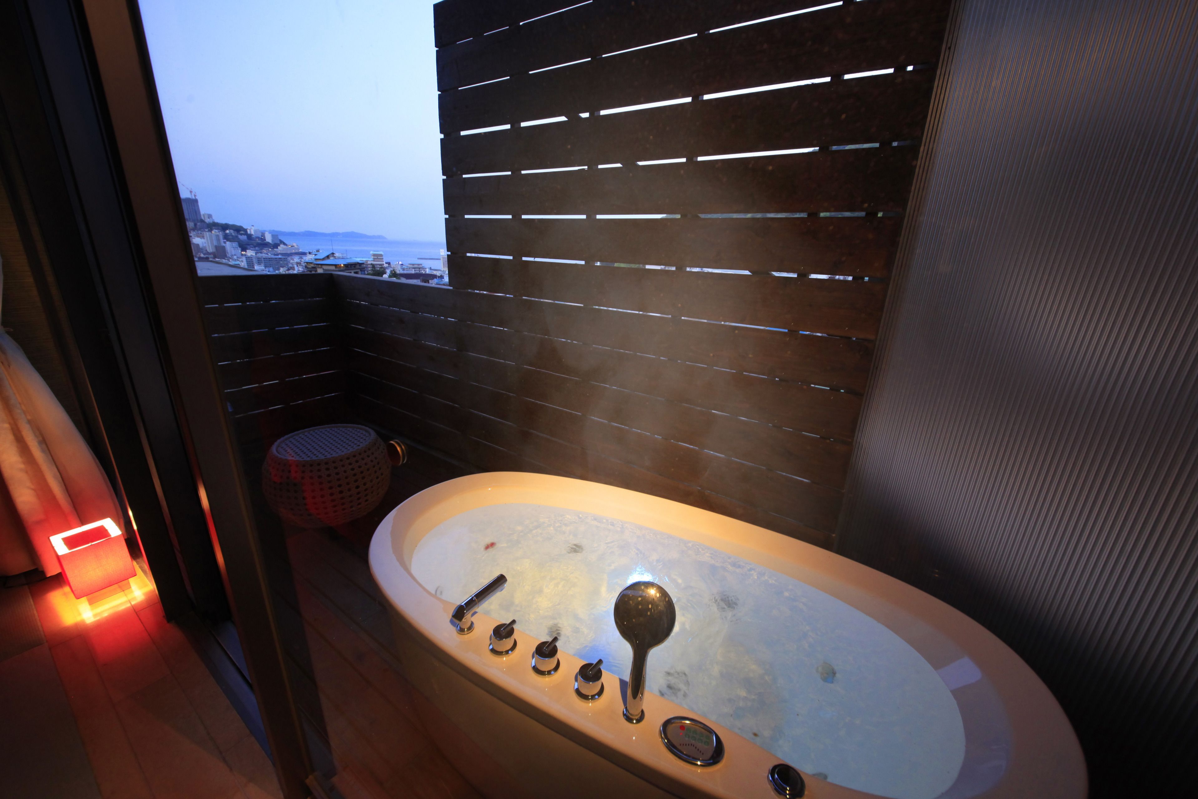 Japanese-Style Twin Room with Open-Air Bath and 2 Japanese Futons - Top Floor | Bathroom | Free toiletries, hair dryer, slippers, bidet