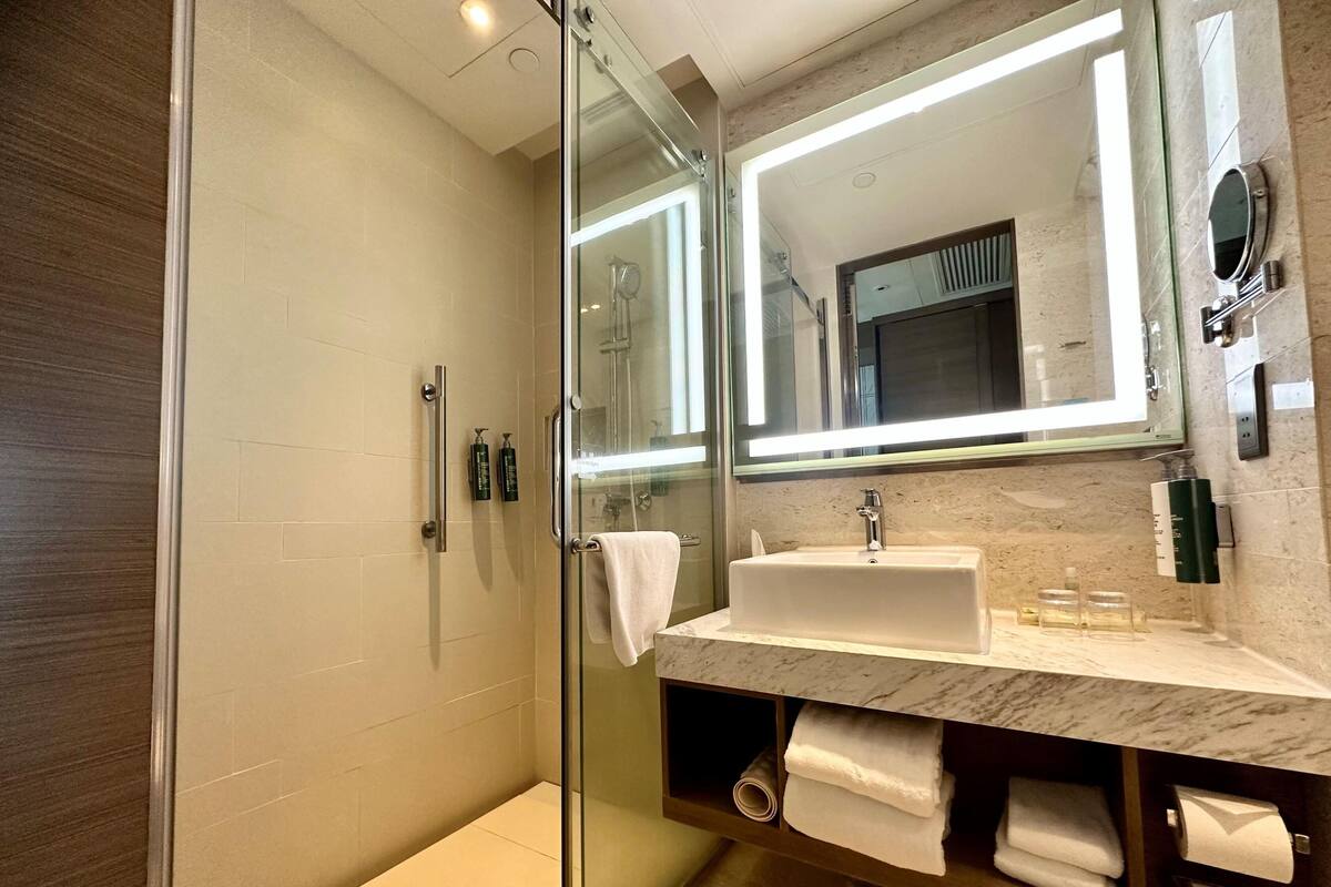 A modern bathroom with a glass shower enclosure, a white sink, and a large mirror.