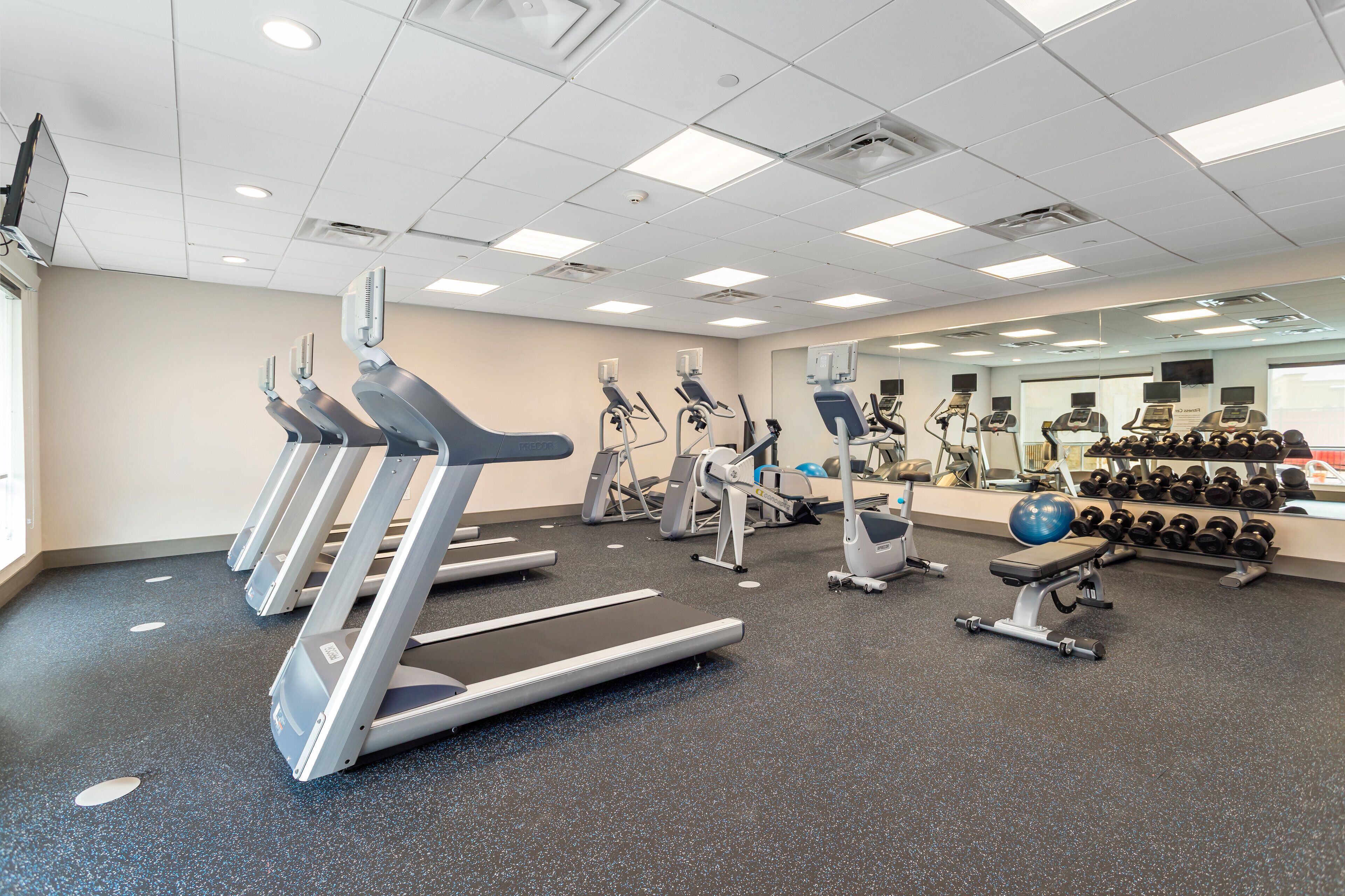 A gym with treadmills, elliptical machines, and free weights.