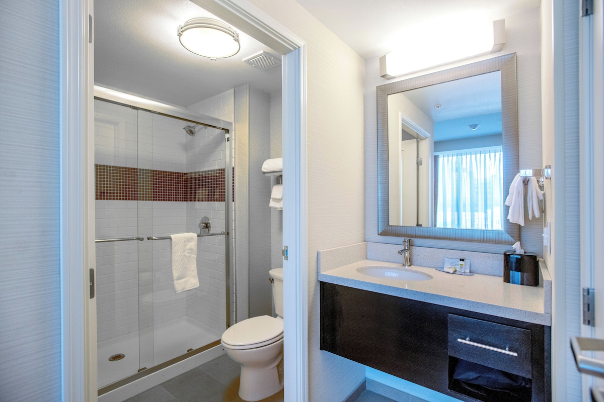 A modern bathroom with a glass-enclosed shower, a white toilet, and a vanity with a large mirror.