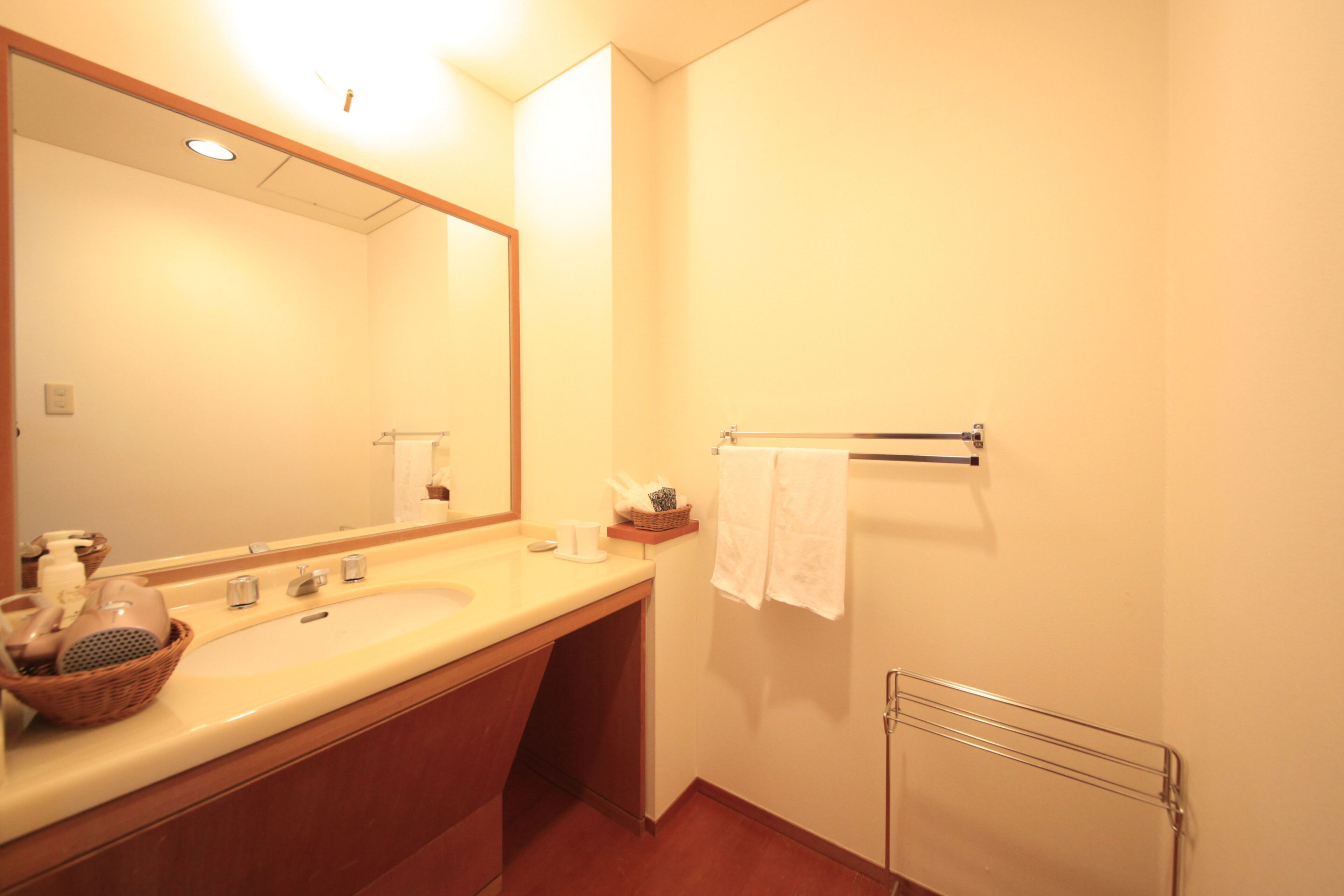 A bathroom with a large mirror, a sink, and a towel rack.