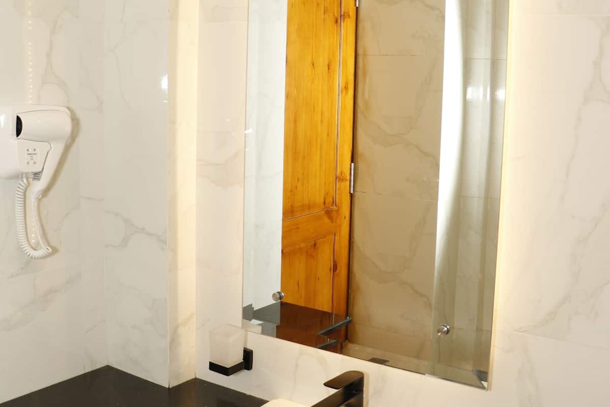 A bathroom with a white sink, black countertop, and a mirror above it.