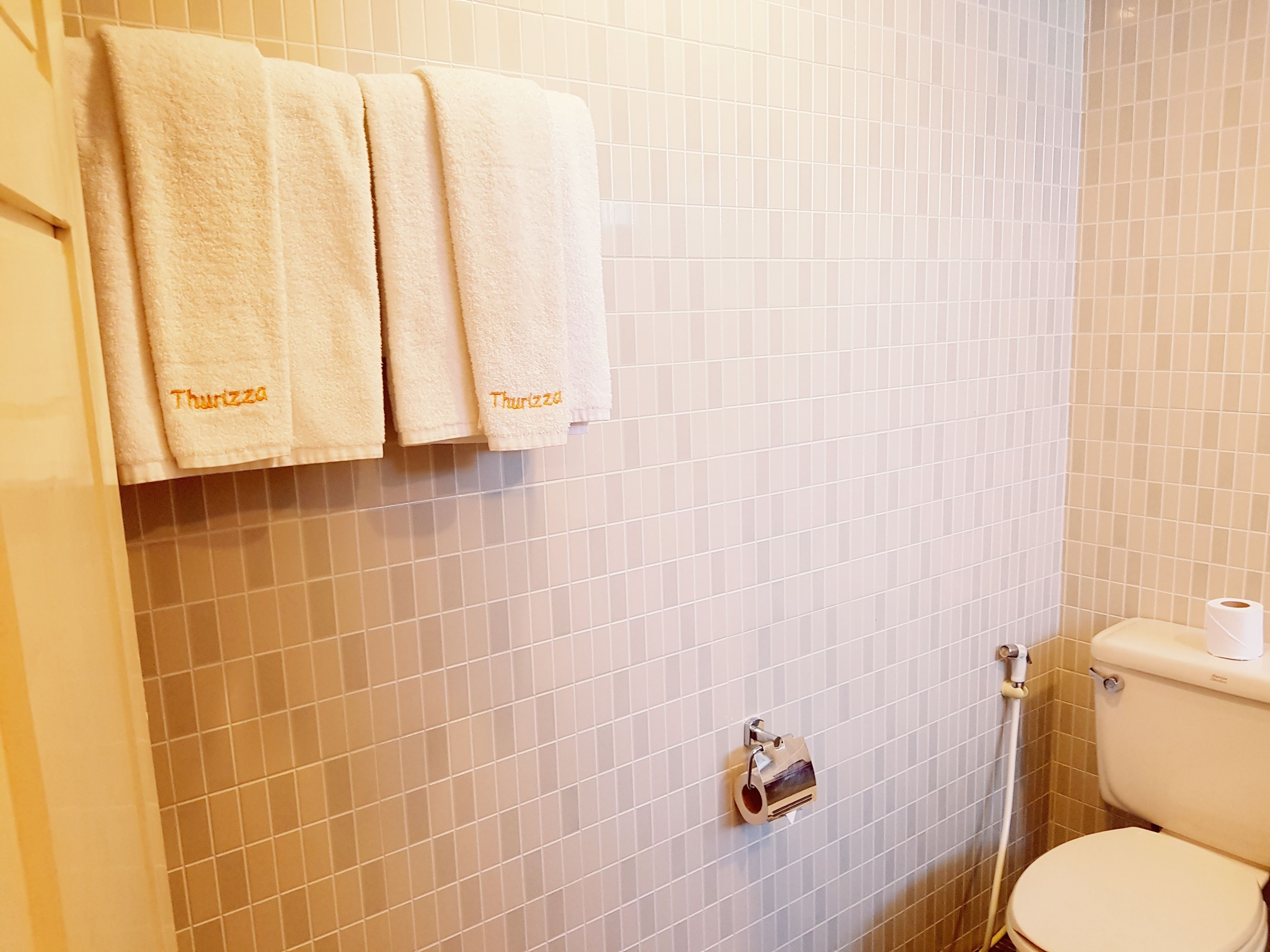 A bathroom with a toilet, a paper towel dispenser, and three towels hanging on a rack.